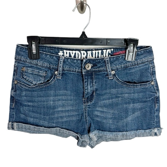 Hydraulic Lola Curvy cuffed fringe hem denim embellished mini shorts sz 9/10 - Picture 1 of 12